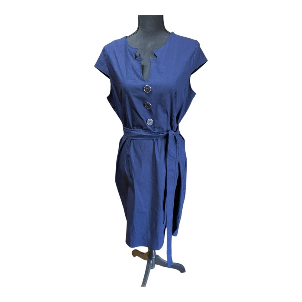 HALCYEEN women's belted midi dress in a dark blue color